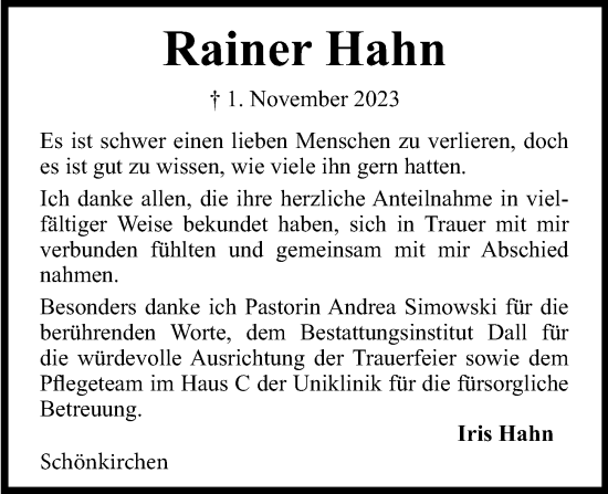 Traueranzeige von Rainer Hahn von Kieler Nachrichten