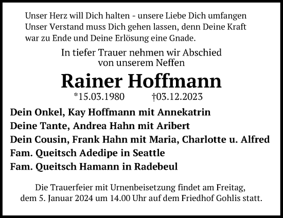 Traueranzeige von Rainer Hoffmann von Leipziger Volkszeitung