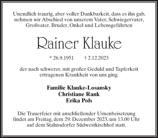 Traueranzeige von Rainer Klauke von Märkischen Allgemeine Zeitung