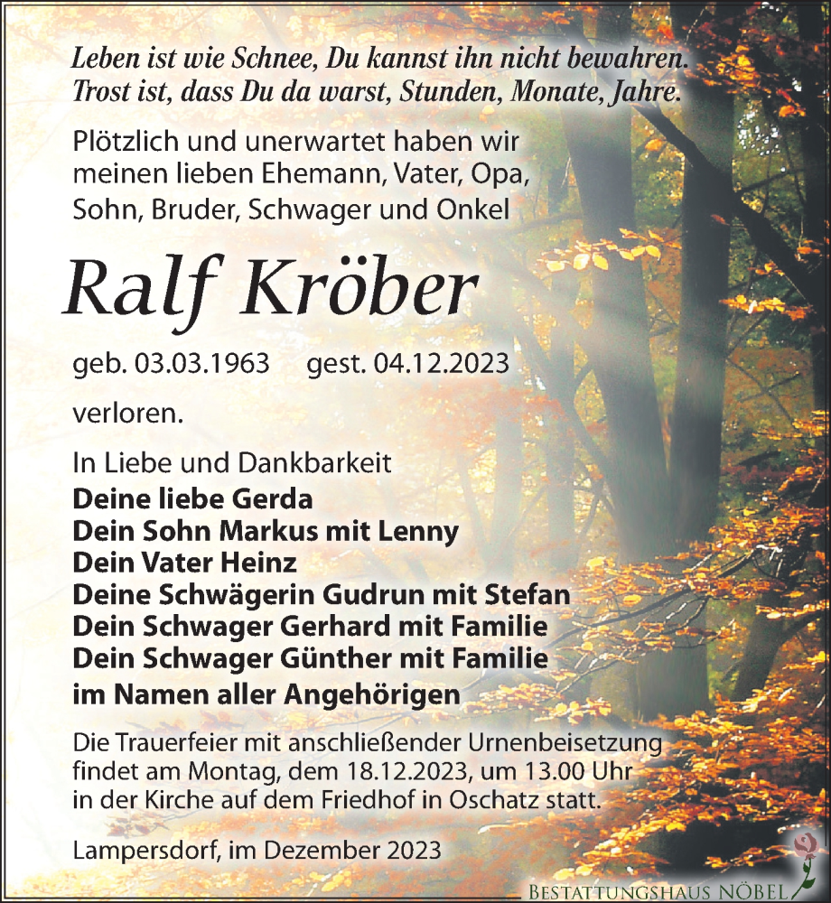  Traueranzeige für Ralf Kröber vom 09.12.2023 aus Leipziger Volkszeitung