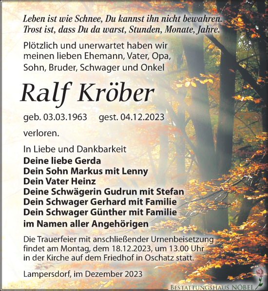 Traueranzeige von Ralf Kröber von Leipziger Volkszeitung