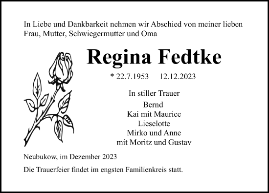 Traueranzeige von Regina Fedtke von Ostsee-Zeitung GmbH