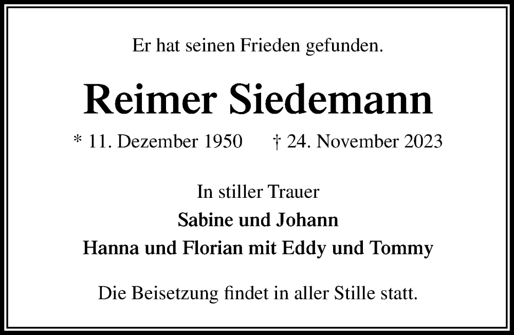 Traueranzeige für Reimer Siedemann vom 03.12.2023 aus Lübecker Nachrichten
