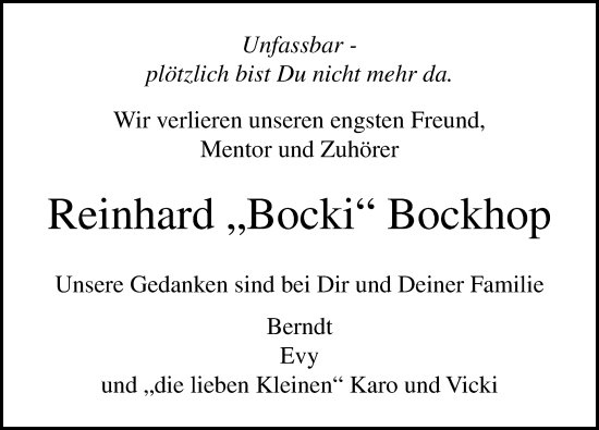 Traueranzeige von Reinhard  Bockhop von Lübecker Nachrichten
