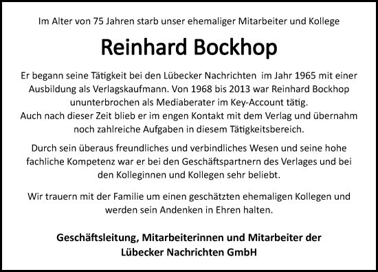 Traueranzeige von Reinhard Bockhop von Lübecker Nachrichten