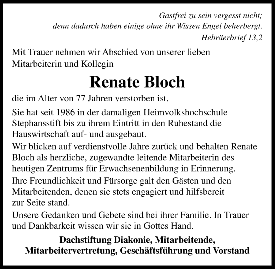 Traueranzeige von Renate Bloch von Hannoversche Allgemeine Zeitung/Neue Presse