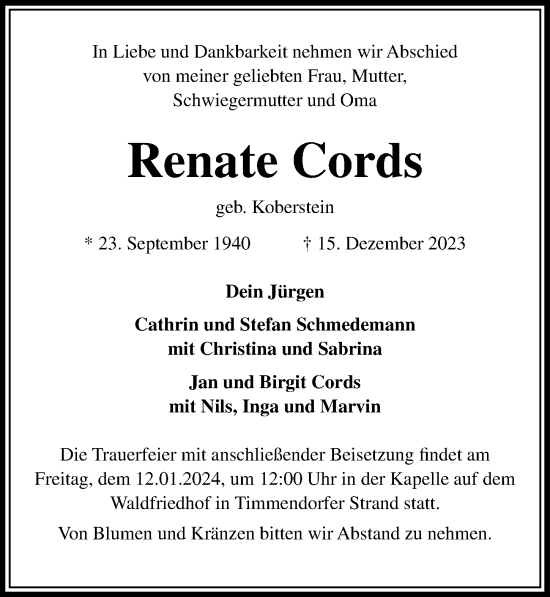 Traueranzeige von Renate Cords von Lübecker Nachrichten