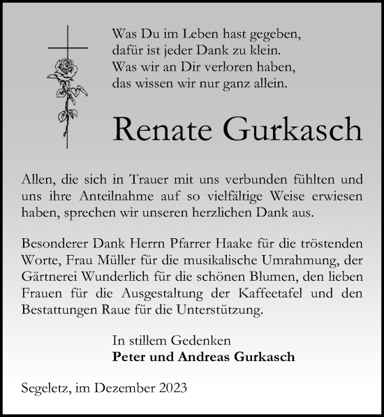 Traueranzeige von Renate Gurkasch