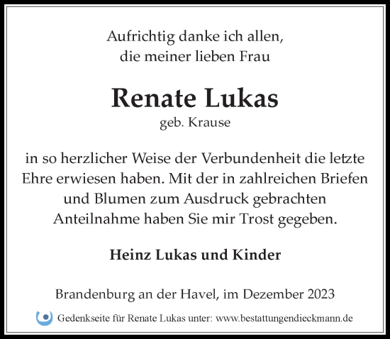 Traueranzeige von Renate Lukas von Märkischen Allgemeine Zeitung