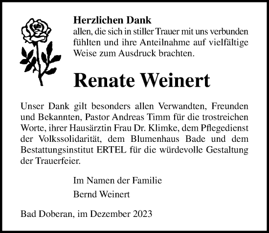 Traueranzeige von Renate Weinert von Ostsee-Zeitung GmbH