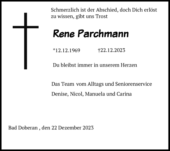 Traueranzeige von Rene Parchmann von Ostsee-Zeitung GmbH