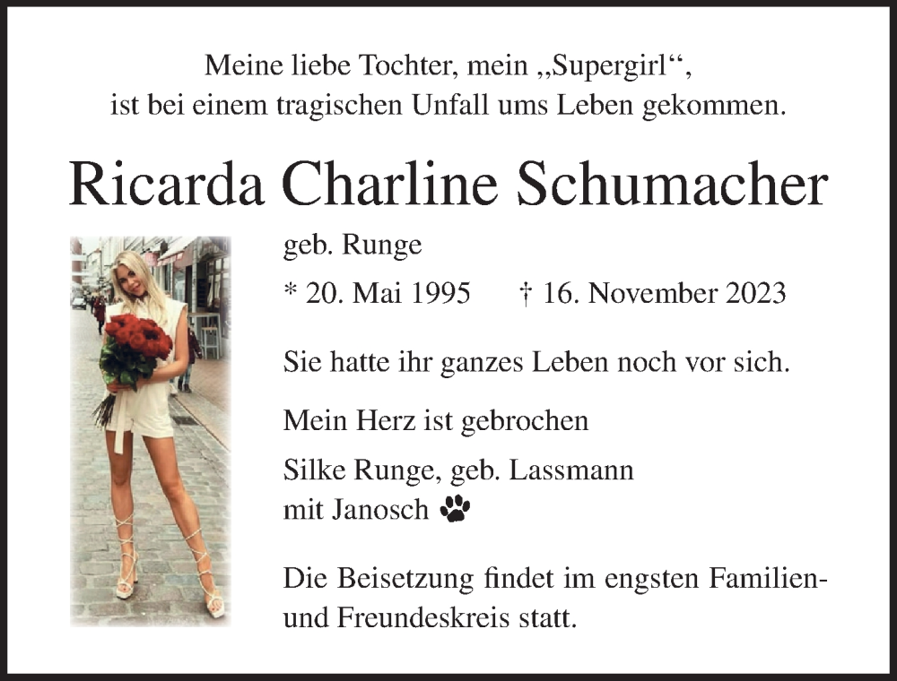  Traueranzeige für Ricarda Charline Schumacher vom 03.12.2023 aus Lübecker Nachrichten