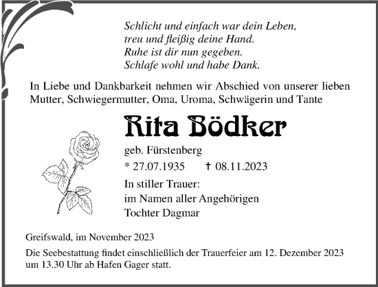 Traueranzeige von Rita Bödker von Ostsee-Zeitung GmbH