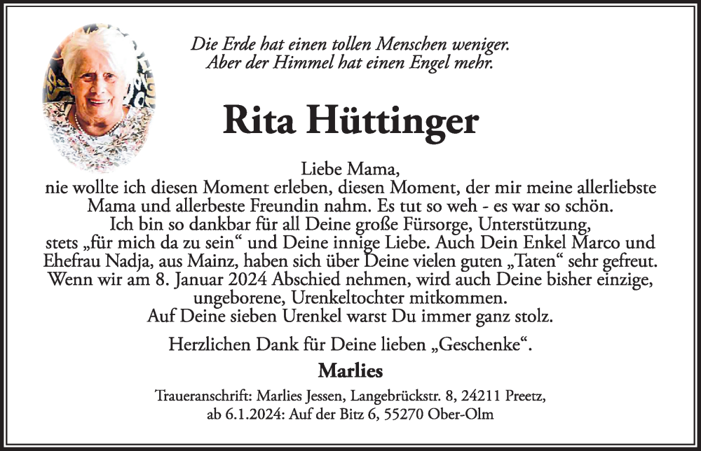  Traueranzeige für Rita Hüttinger vom 16.12.2023 aus Kieler Nachrichten