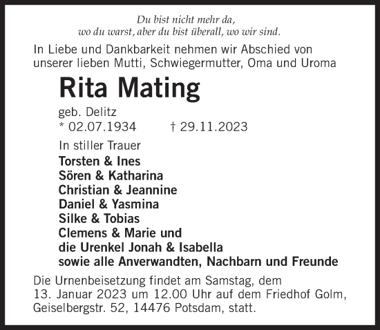 Traueranzeige von Rita Mating von Märkischen Allgemeine Zeitung