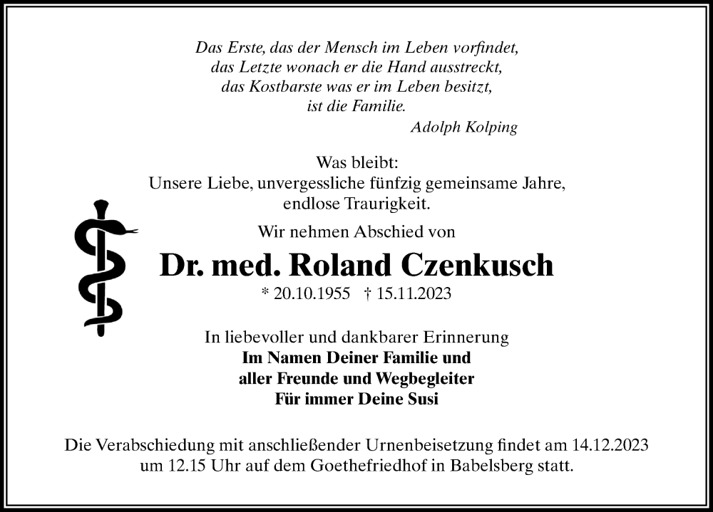  Traueranzeige für Roland Czenkusch vom 09.12.2023 aus Märkischen Allgemeine Zeitung