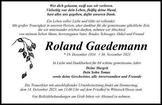 Traueranzeige von Roland Gaedemann von Märkischen Allgemeine Zeitung