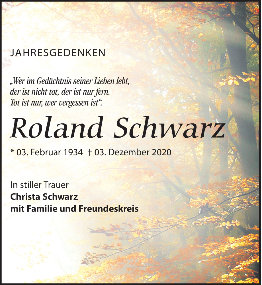  Traueranzeige für Roland Schwarz vom 02.12.2023 aus Leipziger Volkszeitung