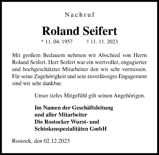 Traueranzeige von Roland Seifert von Ostsee-Zeitung GmbH
