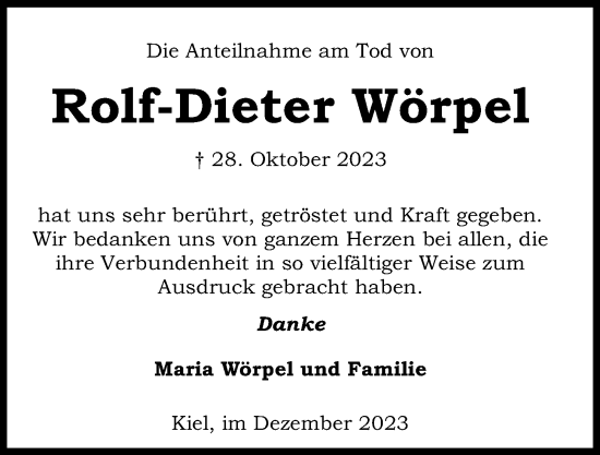 Traueranzeige von Rolf-Dieter Wörpel von Kieler Nachrichten