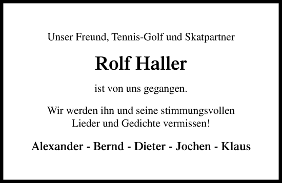 Traueranzeige von Rolf Haller von Kieler Nachrichten