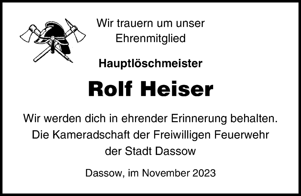  Traueranzeige für Rolf Heiser vom 16.12.2023 aus Ostsee-Zeitung GmbH