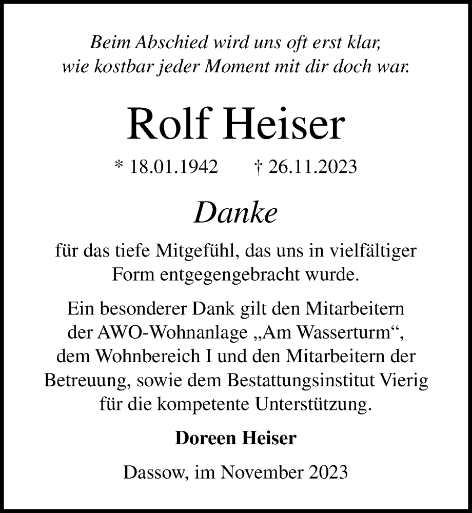  Traueranzeige für Rolf Heiser vom 22.12.2023 aus Ostsee-Zeitung GmbH