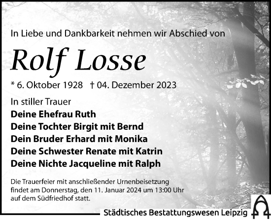 Traueranzeige von Rolf Losse von Leipziger Volkszeitung