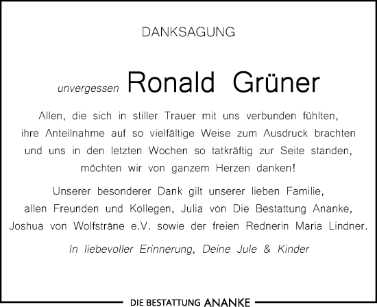Traueranzeige von Ronald Grüner von Leipziger Volkszeitung