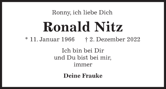 Traueranzeige von Ronald Nitz von Kieler Nachrichten