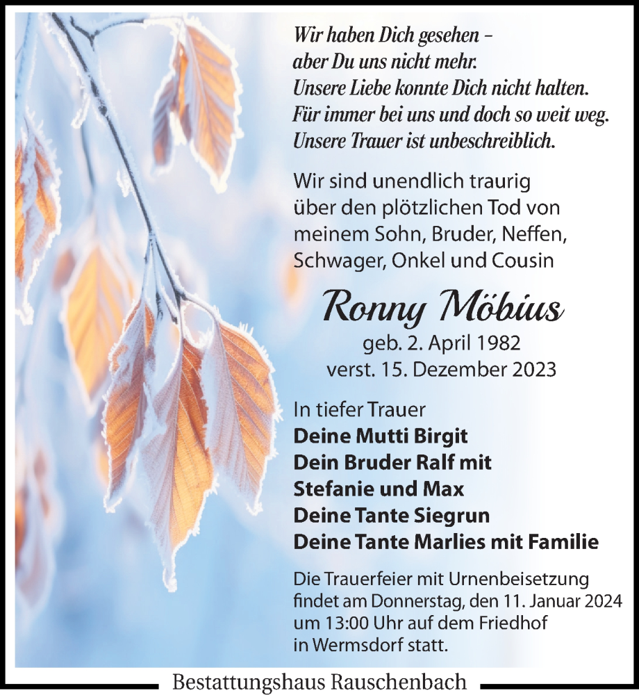  Traueranzeige für Ronny Möbius vom 23.12.2023 aus Leipziger Volkszeitung