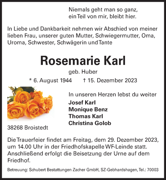 Traueranzeige von Rosemarie Karl von Peiner Allgemeine Zeitung