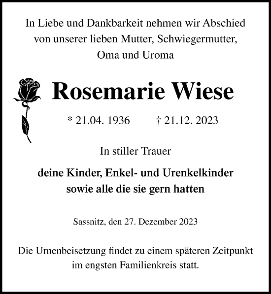 Traueranzeige von Rosemarie Wiese von Ostsee-Zeitung GmbH