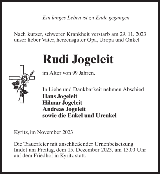 Traueranzeige von Rudi Jogeleit von Märkischen Allgemeine Zeitung