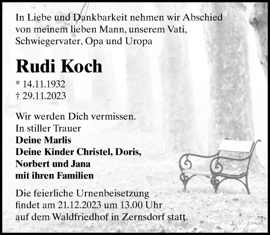 Traueranzeige von Rudi Koch von Märkischen Allgemeine Zeitung