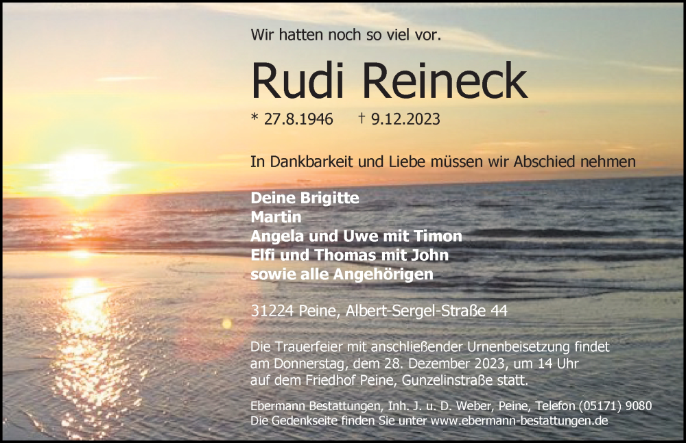  Traueranzeige für Rudi Reineck vom 16.12.2023 aus Peiner Allgemeine Zeitung