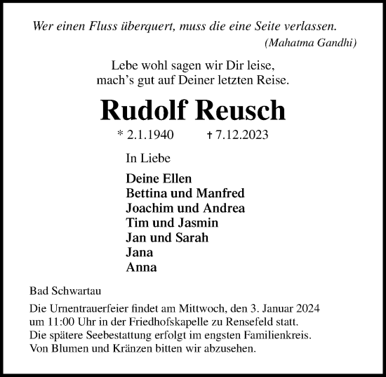 Traueranzeige von Rudolf Reusch von Lübecker Nachrichten