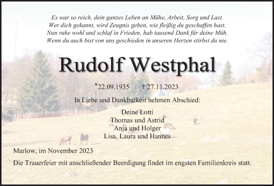 Traueranzeige von Rudolf Westphal von Ostsee-Zeitung GmbH
