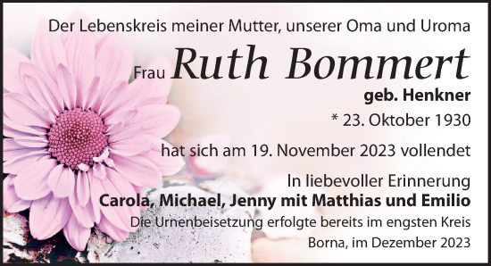 Traueranzeige von Ruth Bommert von Leipziger Volkszeitung