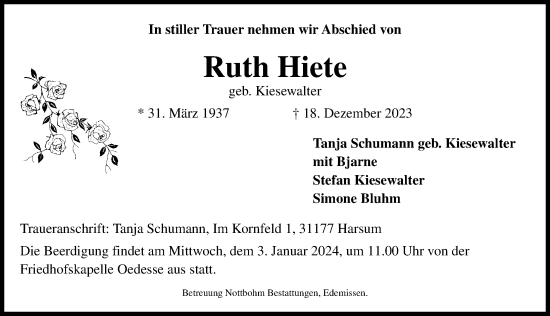 Traueranzeige von Ruth Hiete von Peiner Allgemeine Zeitung