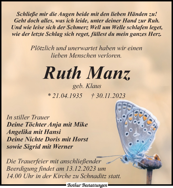Traueranzeige von Ruth Manz von Leipziger Volkszeitung