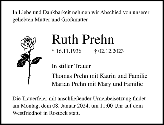 Traueranzeige von Ruth Prehn von Ostsee-Zeitung GmbH