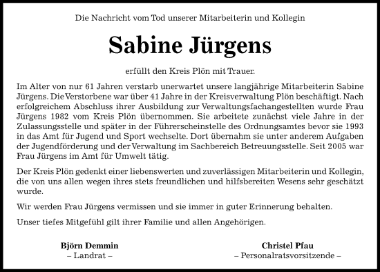 Traueranzeige von Sabine Jürgens von Kieler Nachrichten