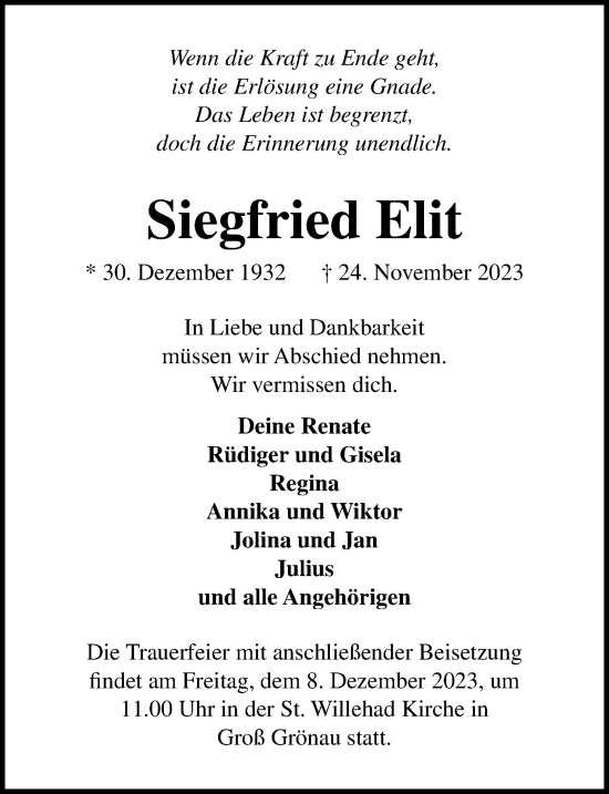 Traueranzeige von Siegfried Elit von Lübecker Nachrichten