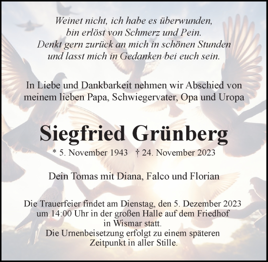 Traueranzeige von Siegfried Grünberg von Ostsee-Zeitung GmbH