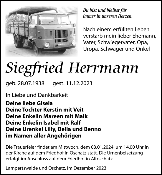 Traueranzeige von Siegfried Herrmann von Leipziger Volkszeitung