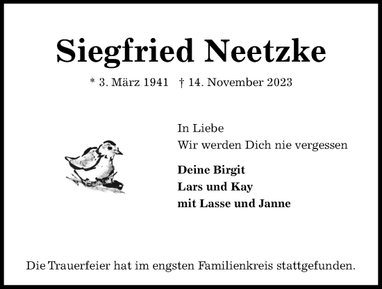 Traueranzeige von Siegfried Neetzke von Kieler Nachrichten