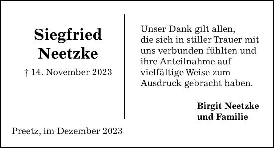 Traueranzeige von Siegfried Neetzke von Kieler Nachrichten