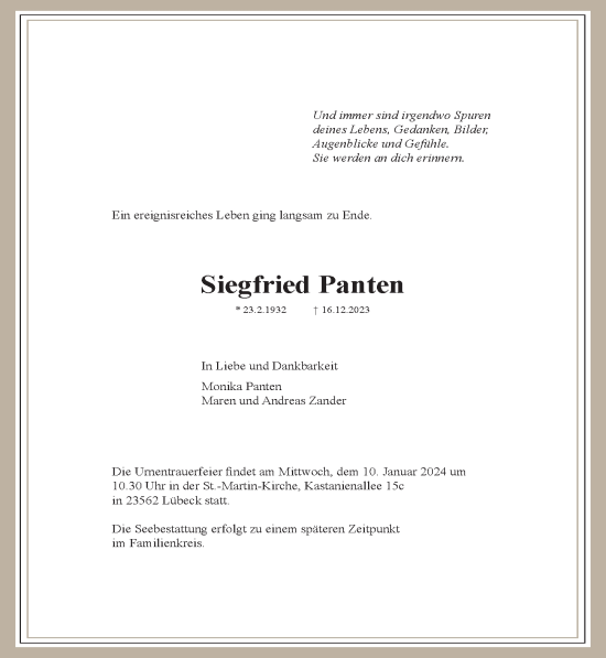Traueranzeige von Siegfried Panten von Lübecker Nachrichten