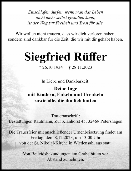 Traueranzeige von Siegfried Rüffer von Schaumburger Nachrichten